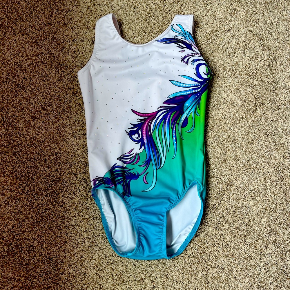 Elegant teal and white girls gymnastics leotard